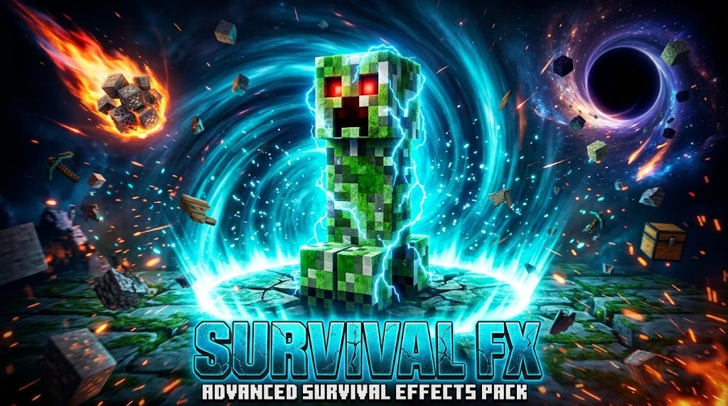 Survival FX — onda expansiva y tormenta de partículas en un mundo de Minecraft