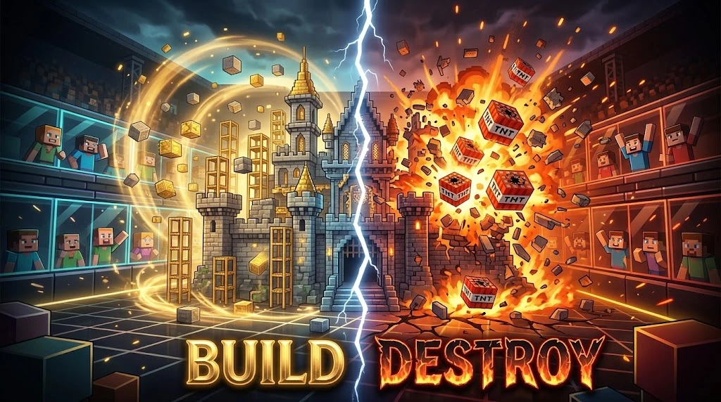 Build and Destroy — torres de bloques construyéndose y cayendo