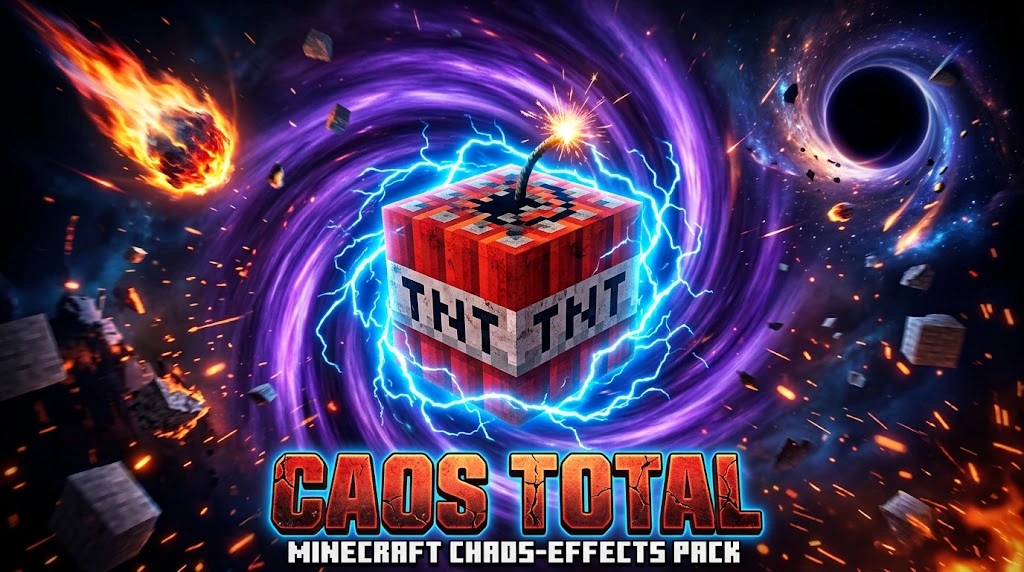 Caos Total — explosión de energía arrasando un mundo de Minecraft
