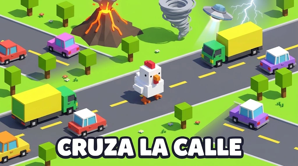 Cruza la Calle — un pollo esquivando camiones en una carretera