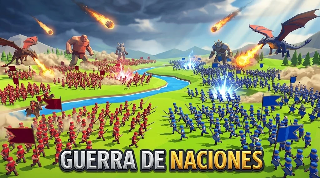 Guerra de Naciones — dos ejércitos, rojo y azul, chocando en batalla