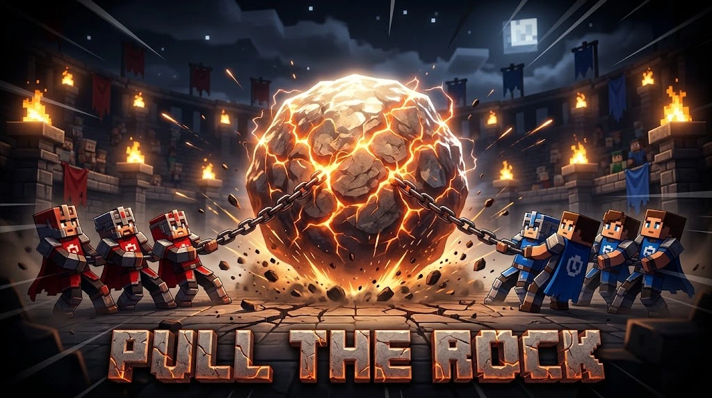 Pull The Rock — dos equipos jalando una roca gigante con una cuerda