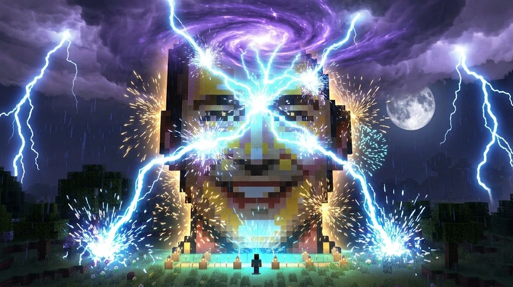 Muro Mega — una cara colosal de bloques bajo una tormenta de relámpagos